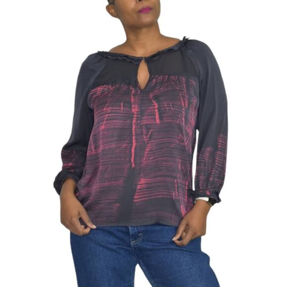 Gypsy 05 Silk Blouse Black Tunic Keyhole Ruffle Collar Top Tie Dye Boho Size XS - Picture 6 of 15